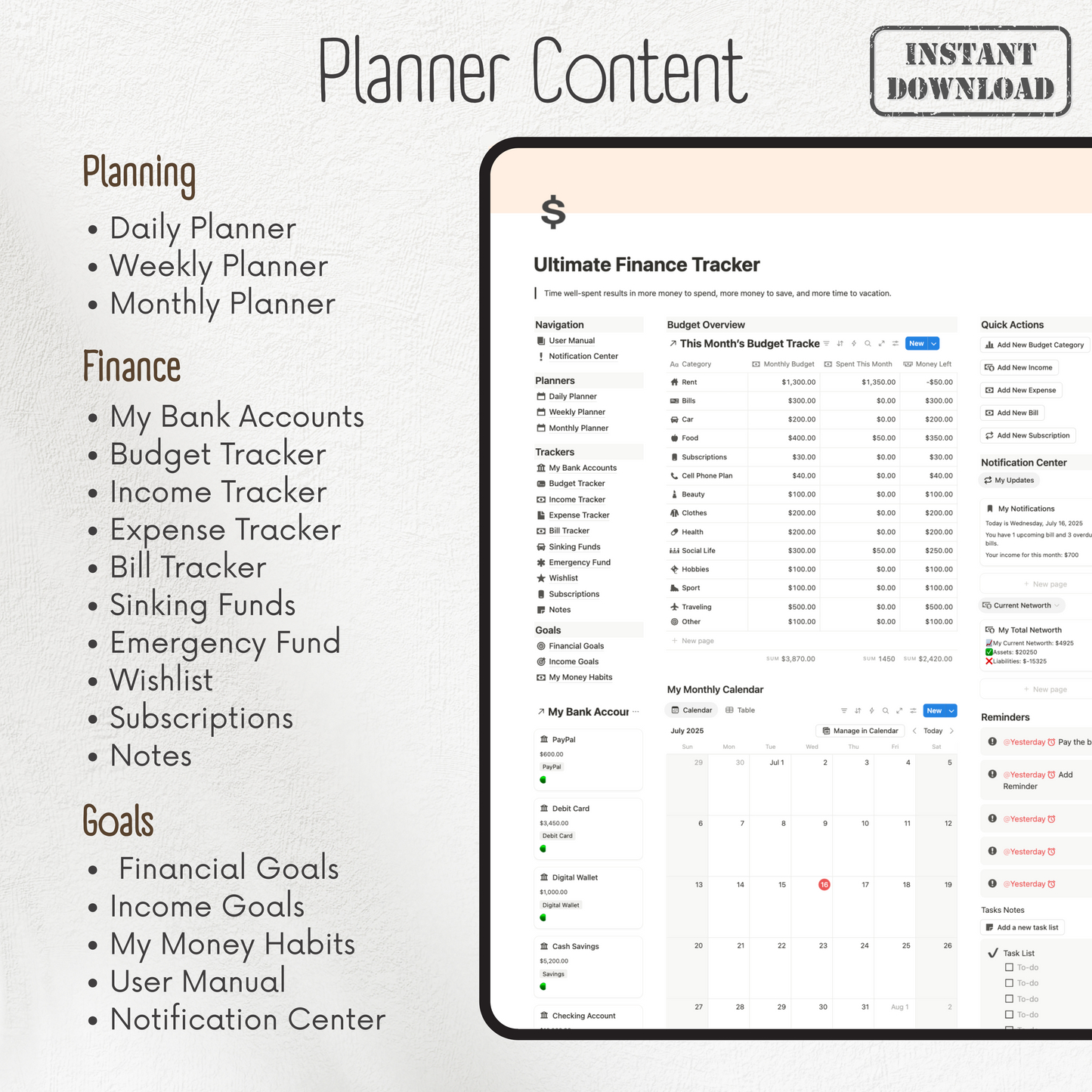 Screen of a finance tracker app with features listed on the left