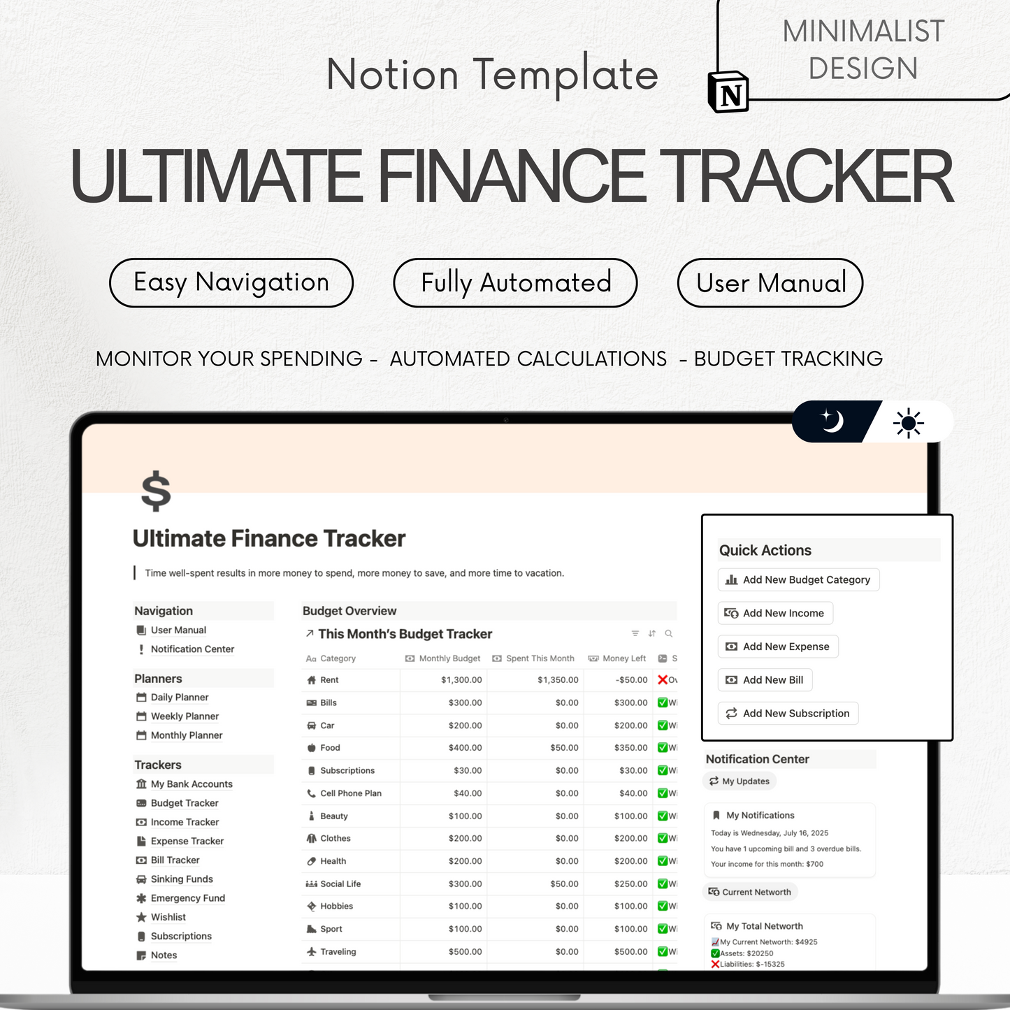 Notion Template for Ultimate Finance Tracker with minimalist design