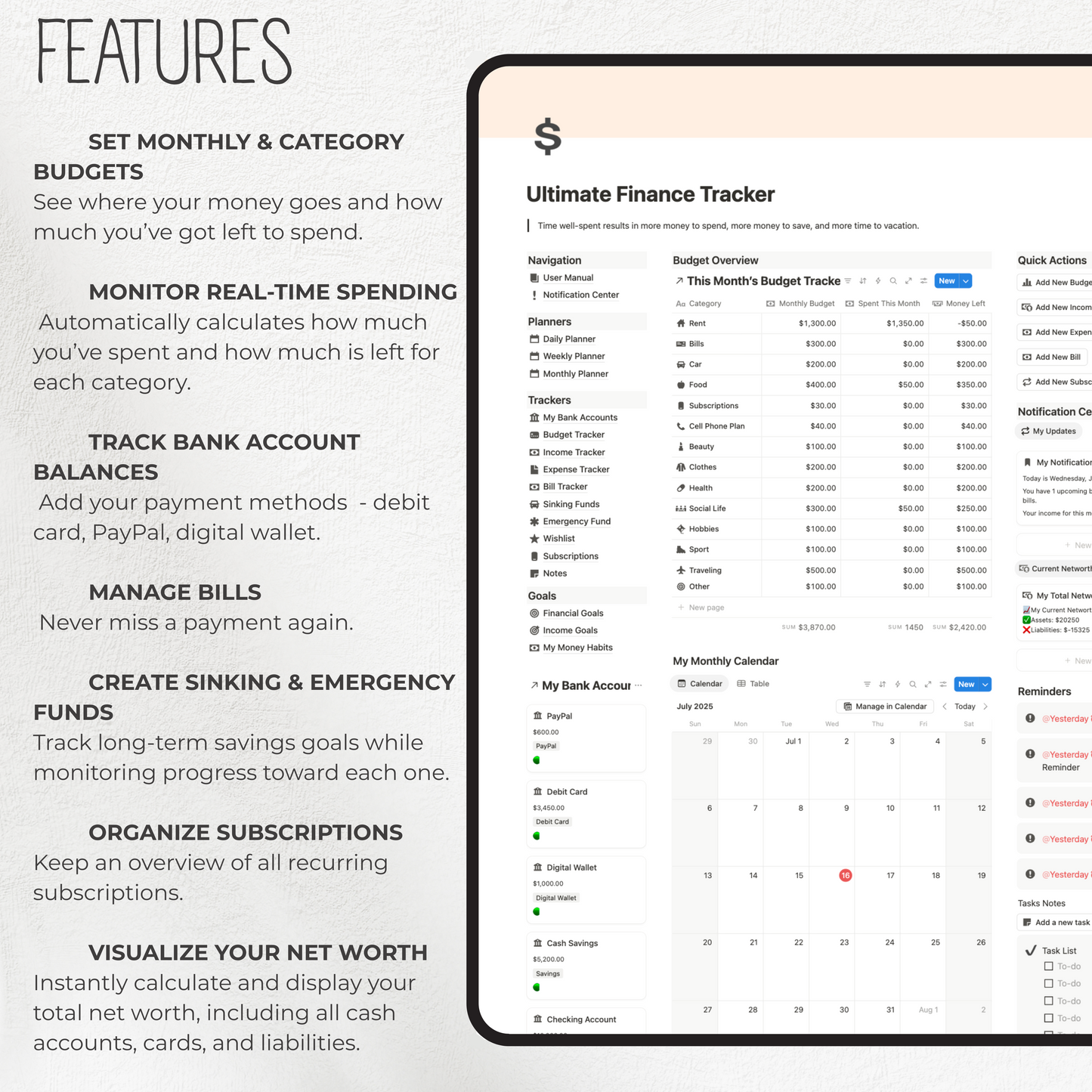 Screen of a finance tracker app with features listed on the left