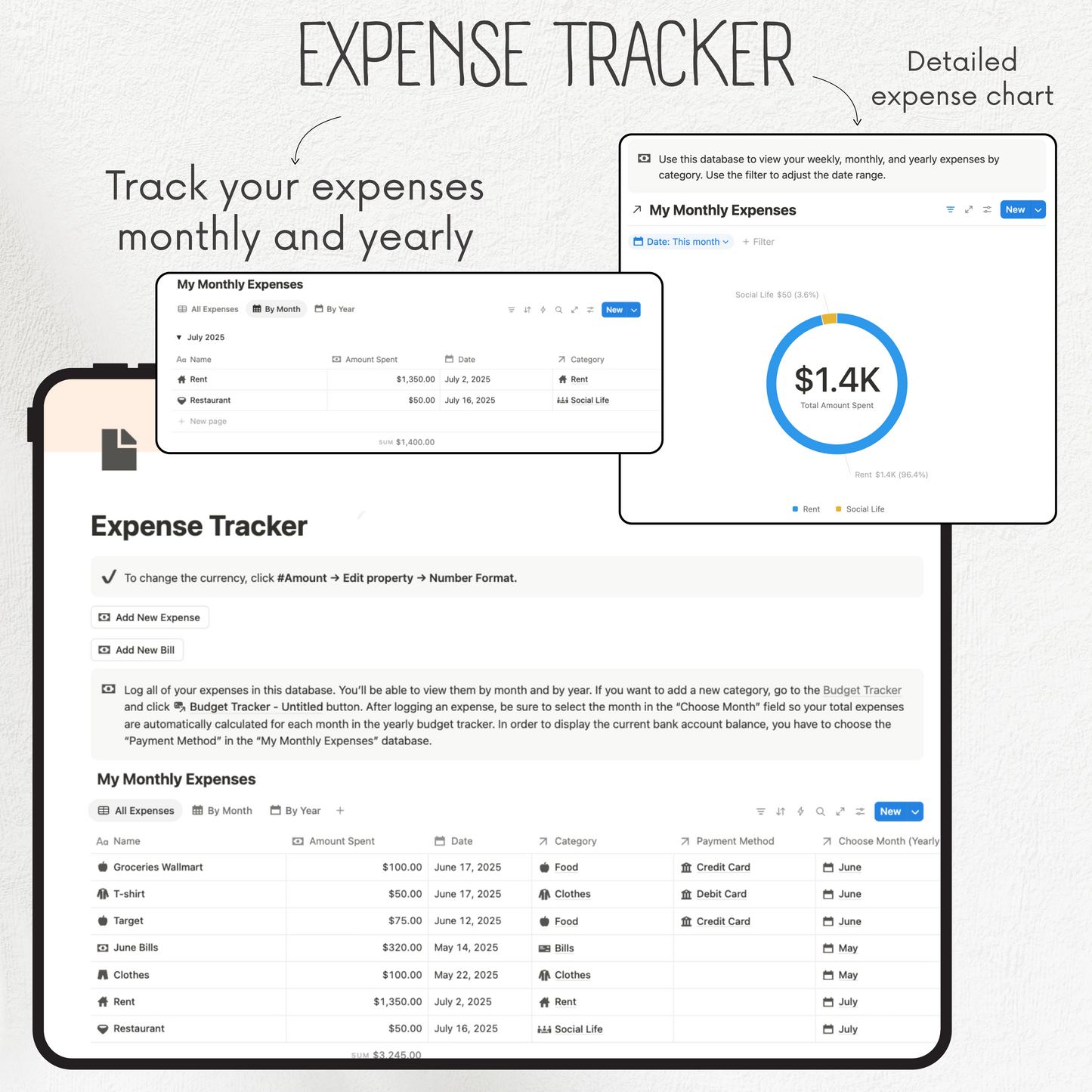 Expense tracker software interface with monthly and yearly expense tracking features.