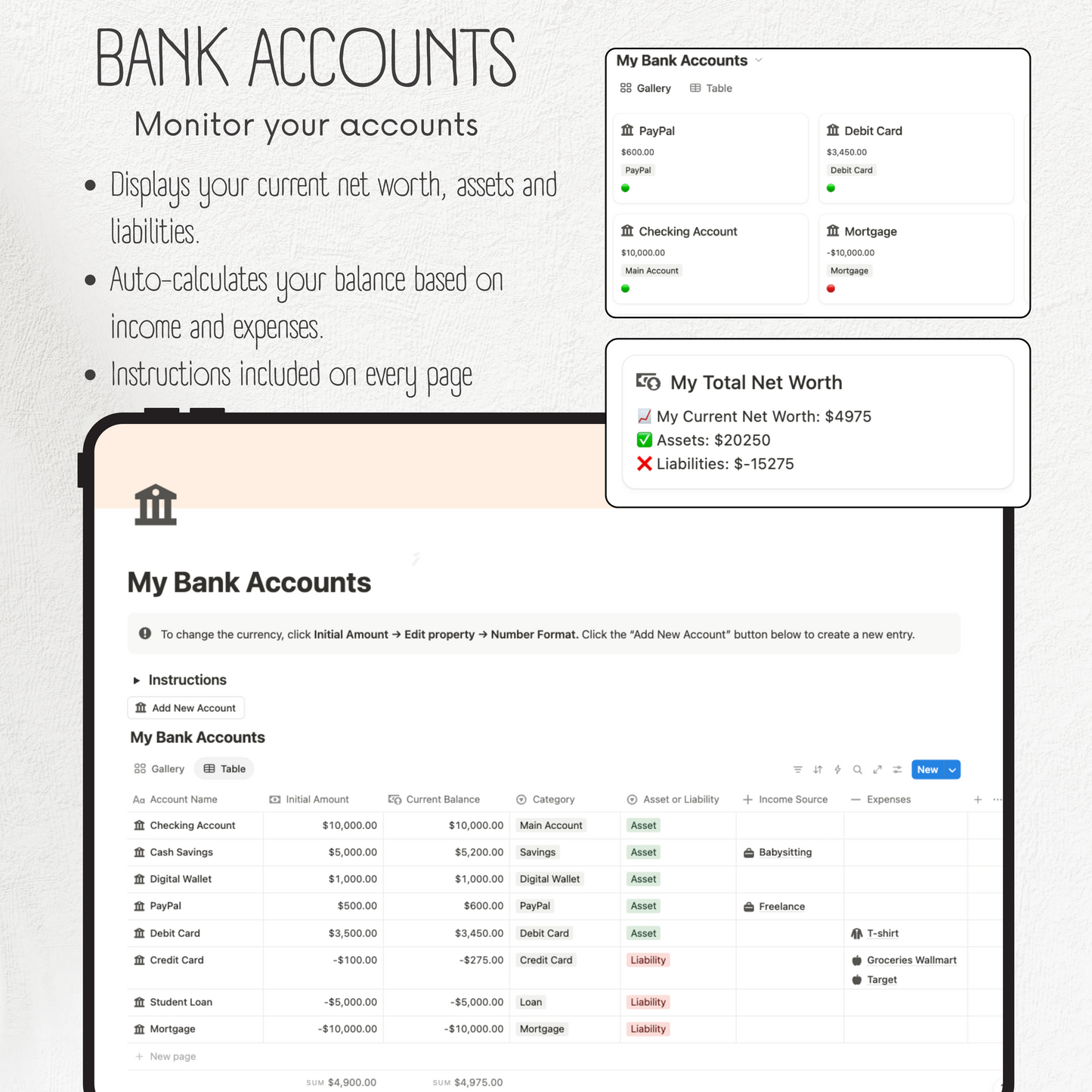 Bank accounts monitoring software interface with financial data on a white background