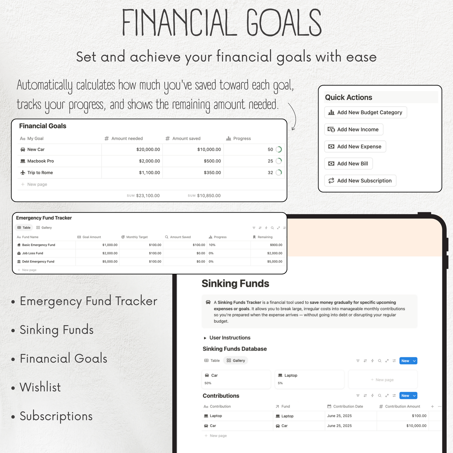 Financial goal tracking app interface on a tablet screen