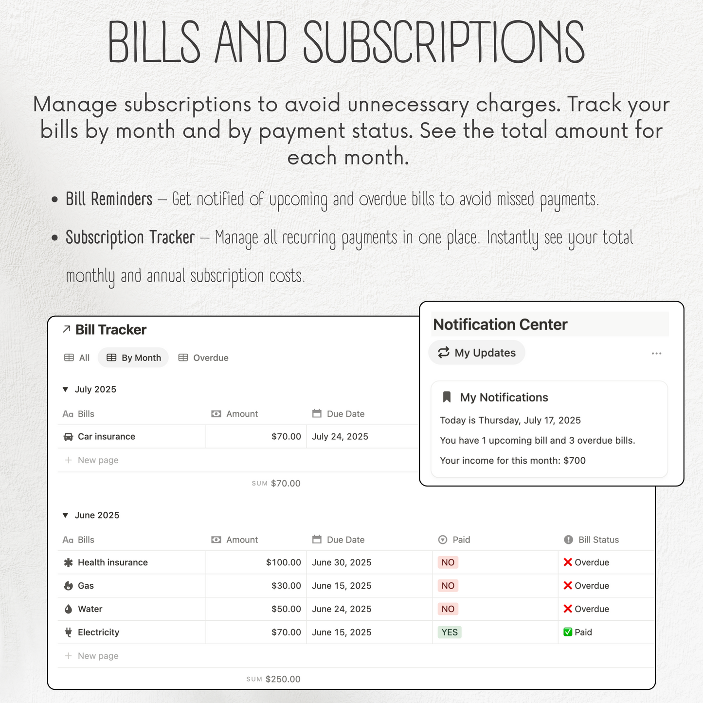 Screen displaying a bill tracker app with bill reminders and subscription tracker features.