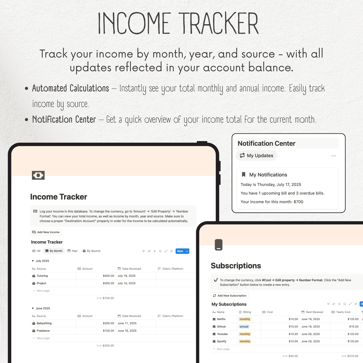 Income tracker app interface on a tablet screen with text explaining features.