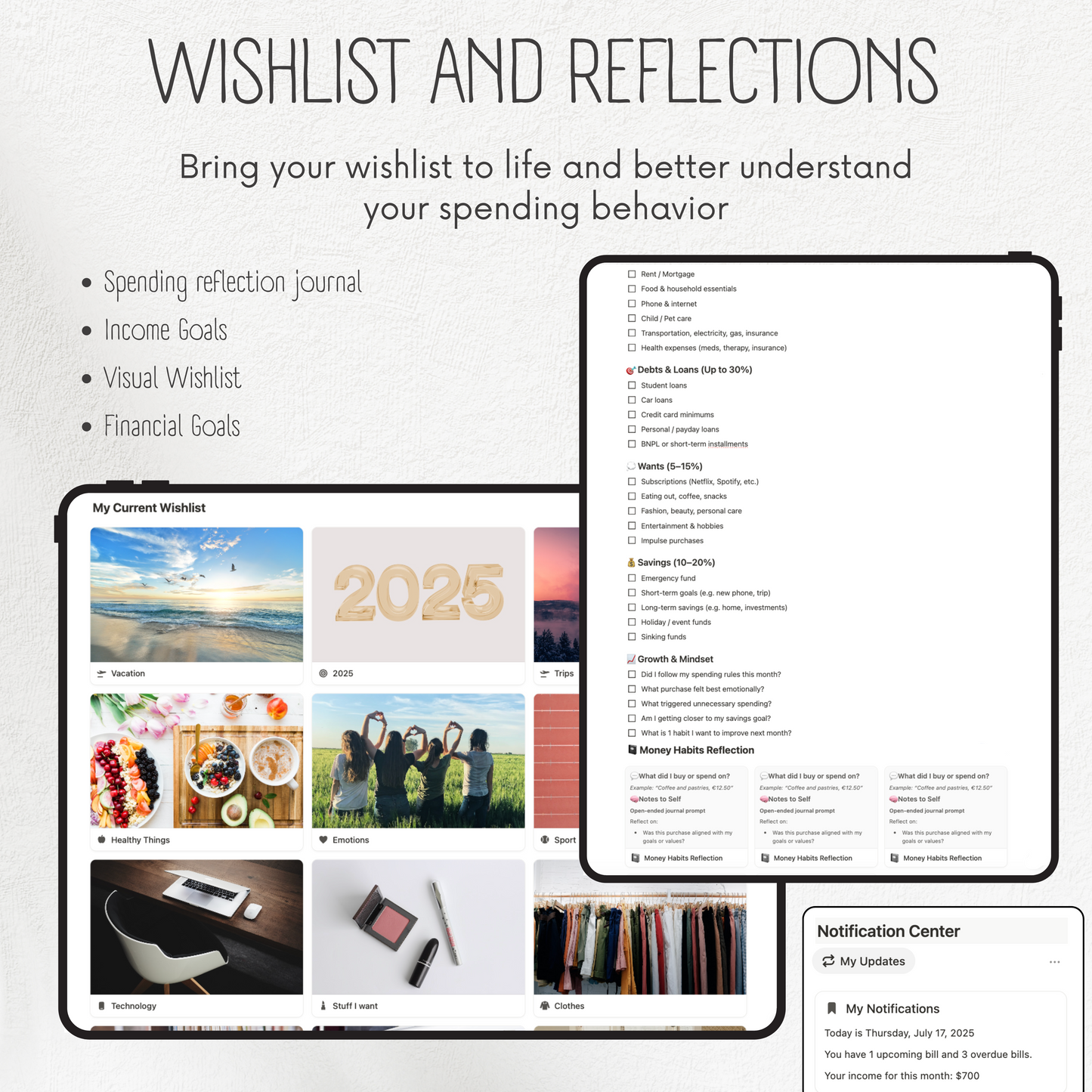 Screen displaying a wishlist and reflections app with various features.