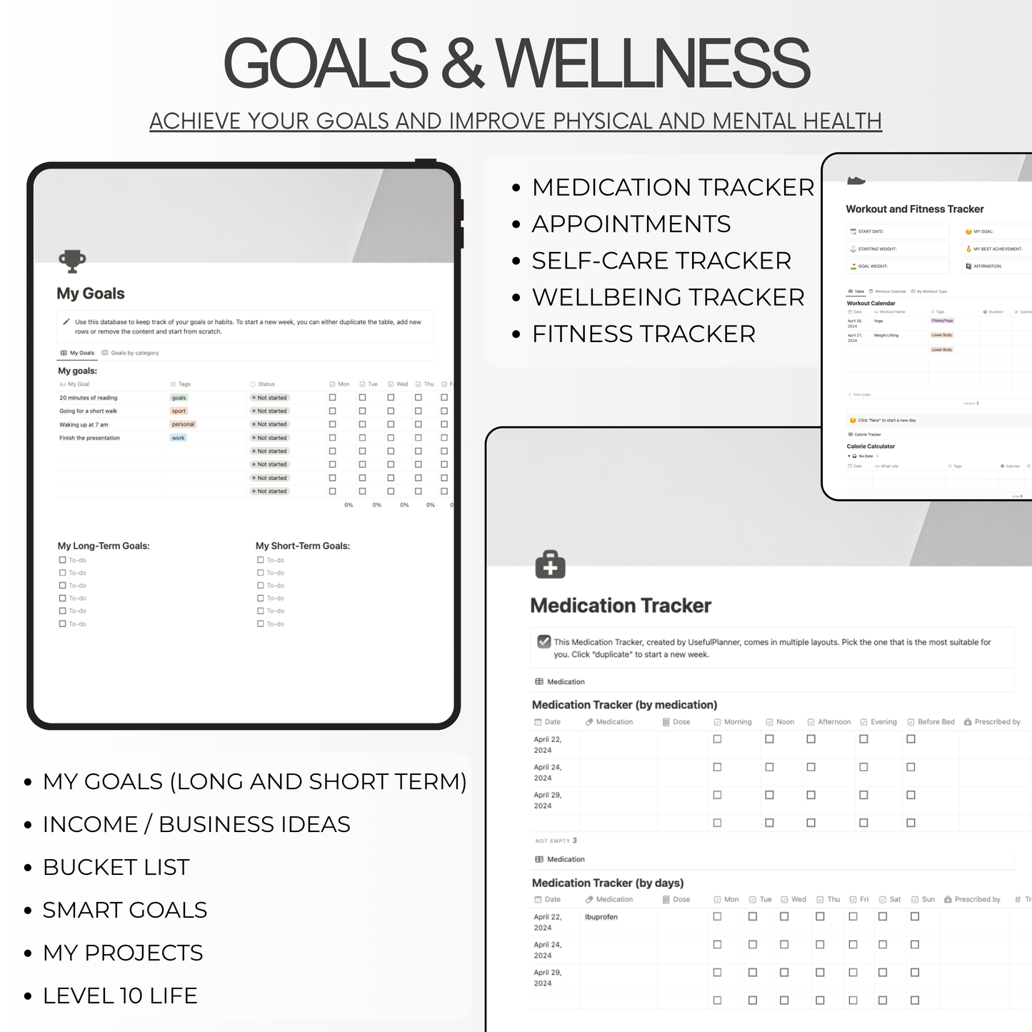 goal, project and wellness notion planner