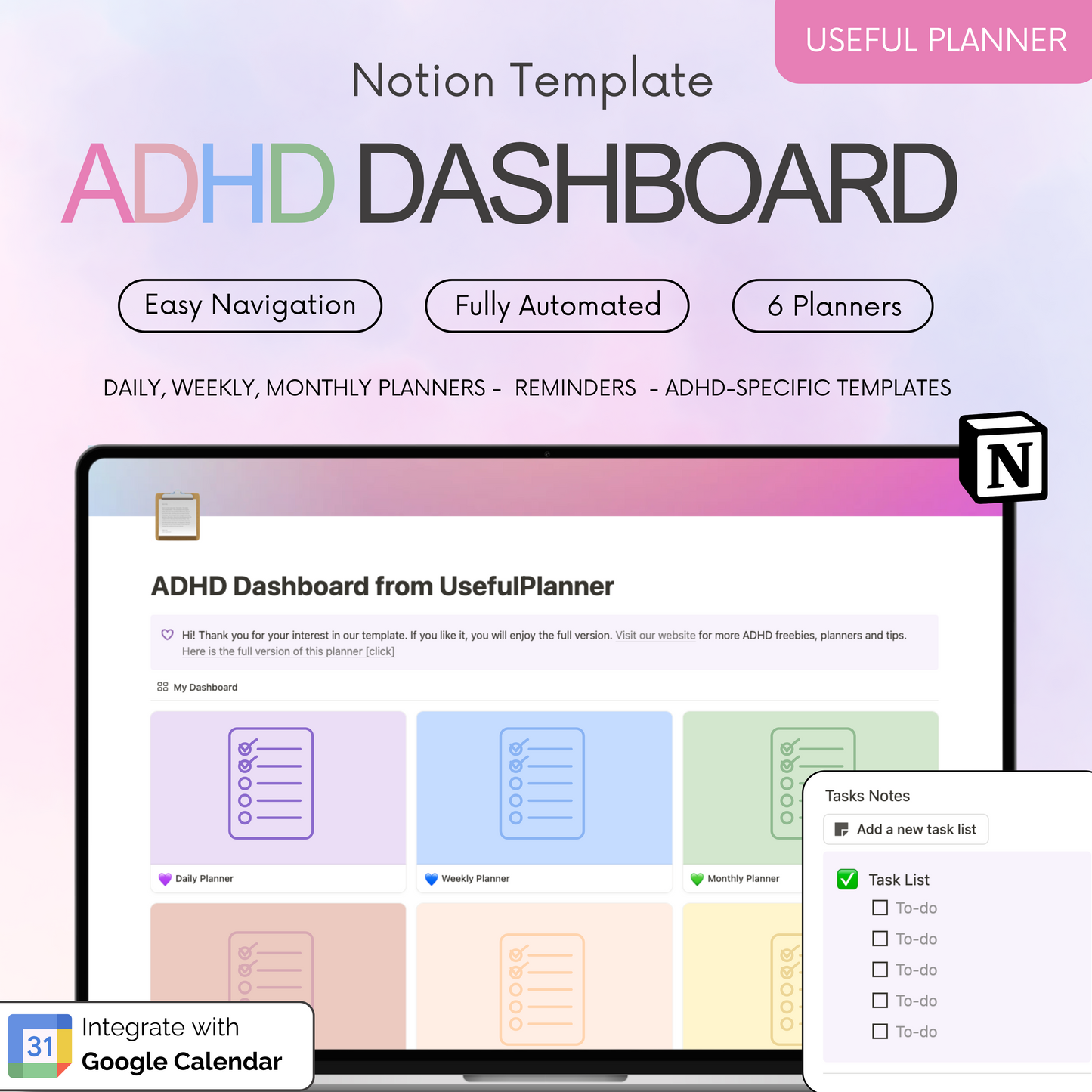 ADHD Dashboard, Daily, Weekly, Monthly Planners
