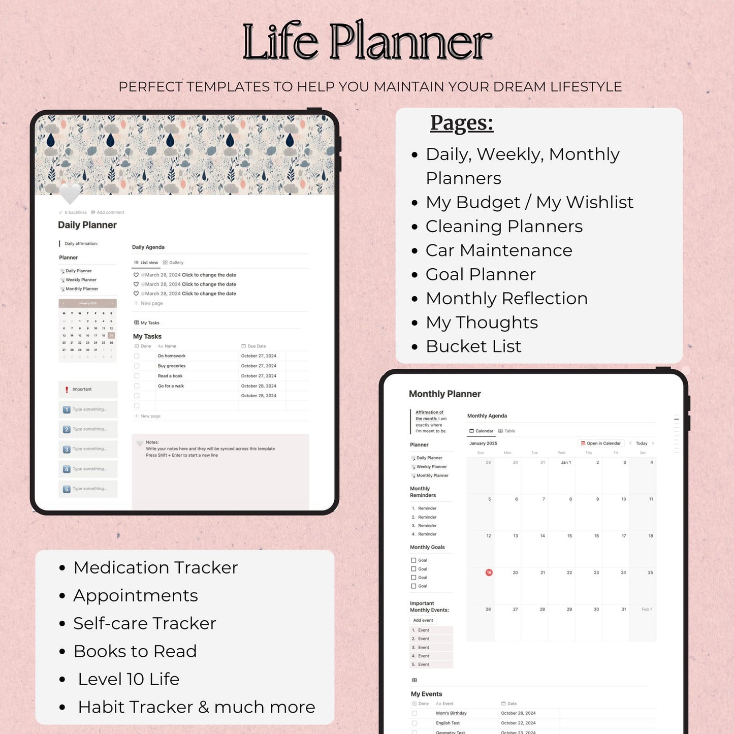 Notion life planner included pages