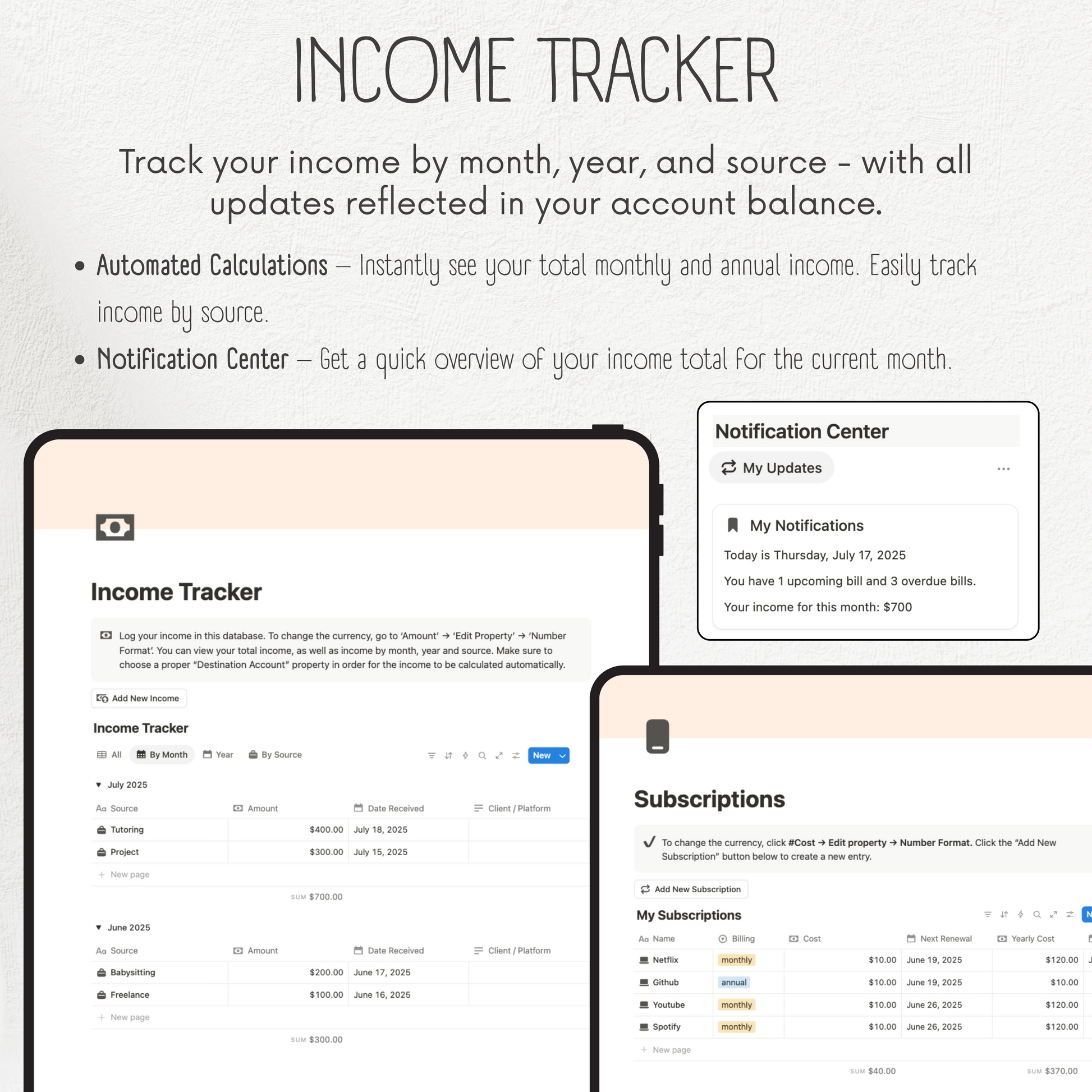 Income tracker app interface on a tablet screen with text explaining features.