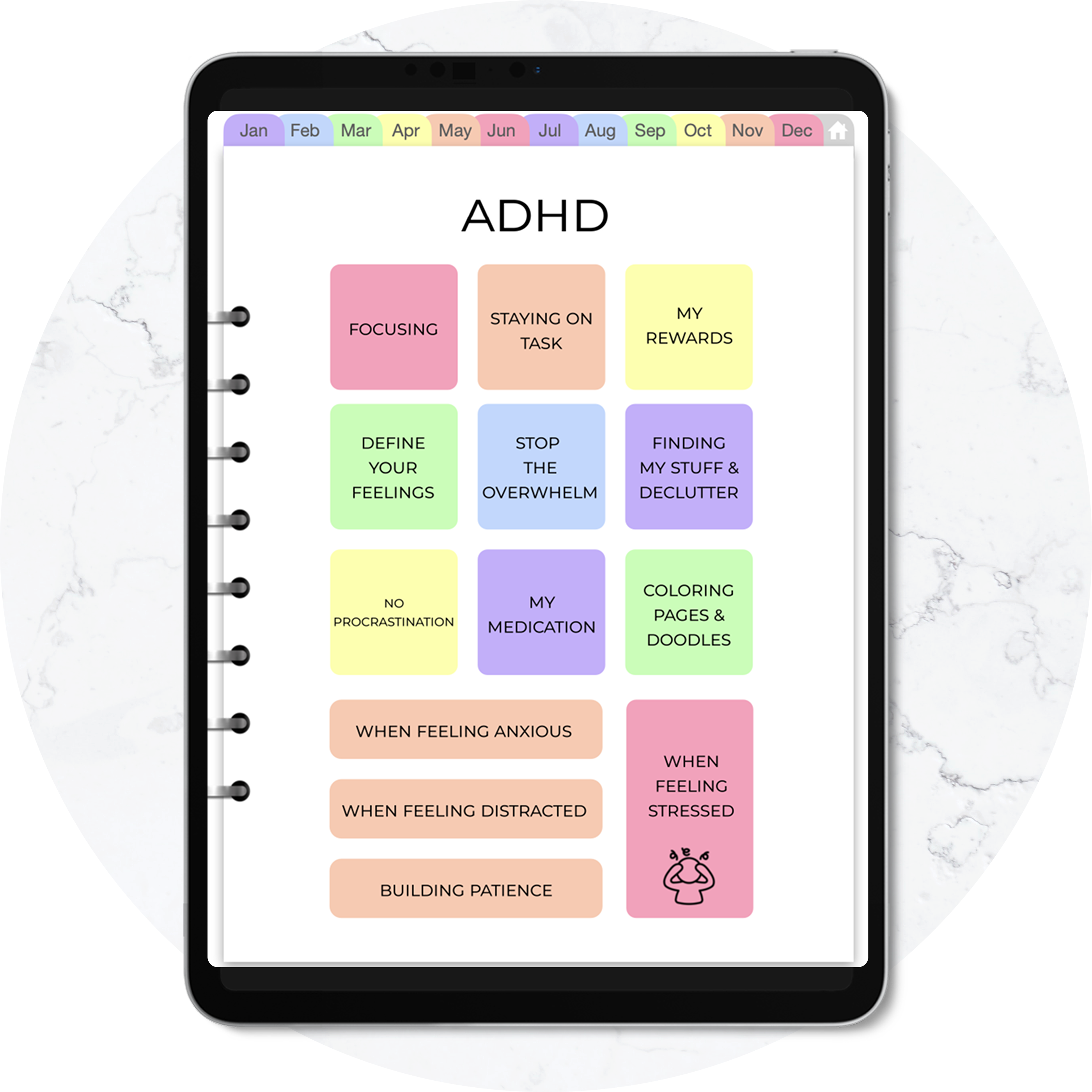 ADHD-specific digital planner menu