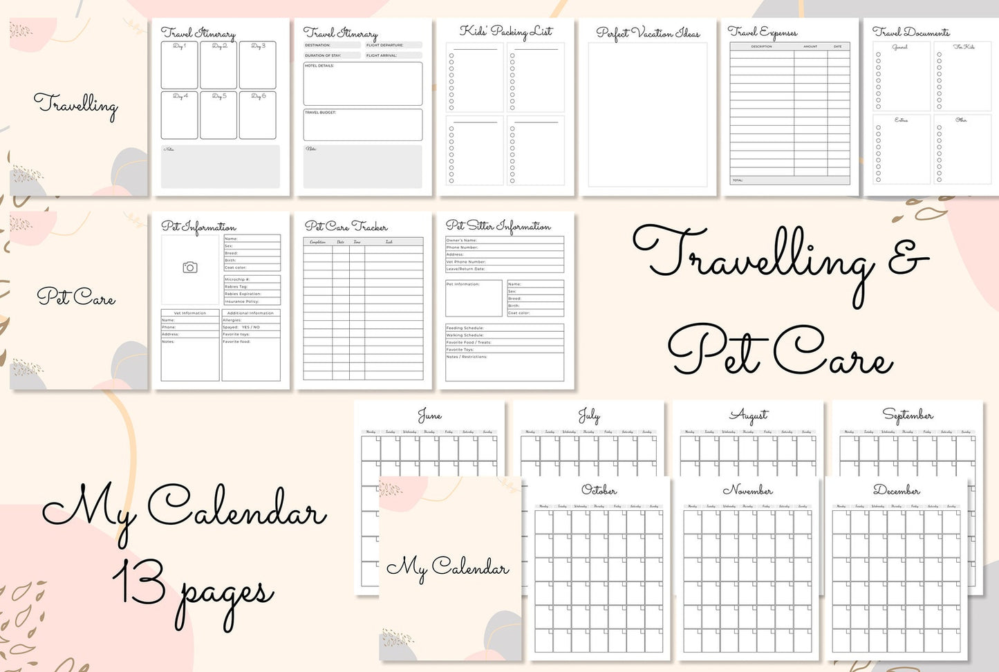 travel planner, petcare planner and undated calendar