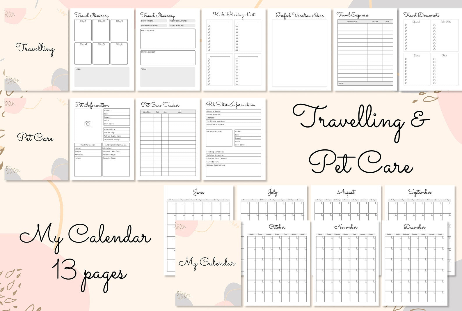 travel planner, petcare planner and undated calendar