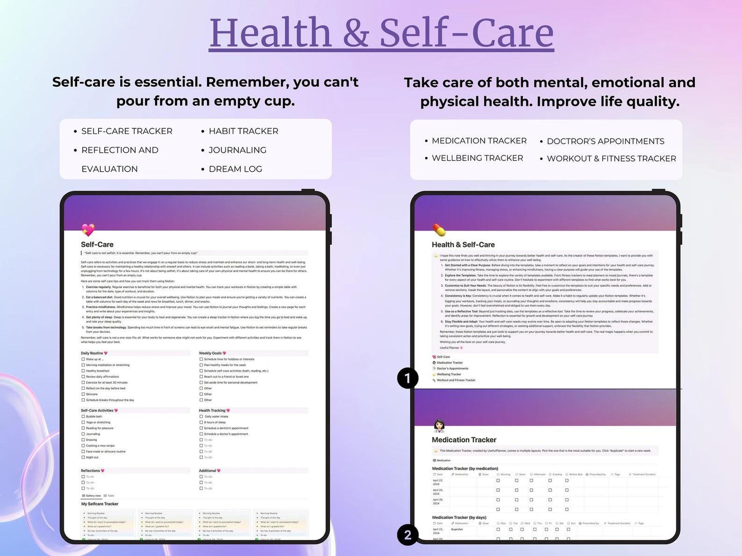 health and self-care planner pages