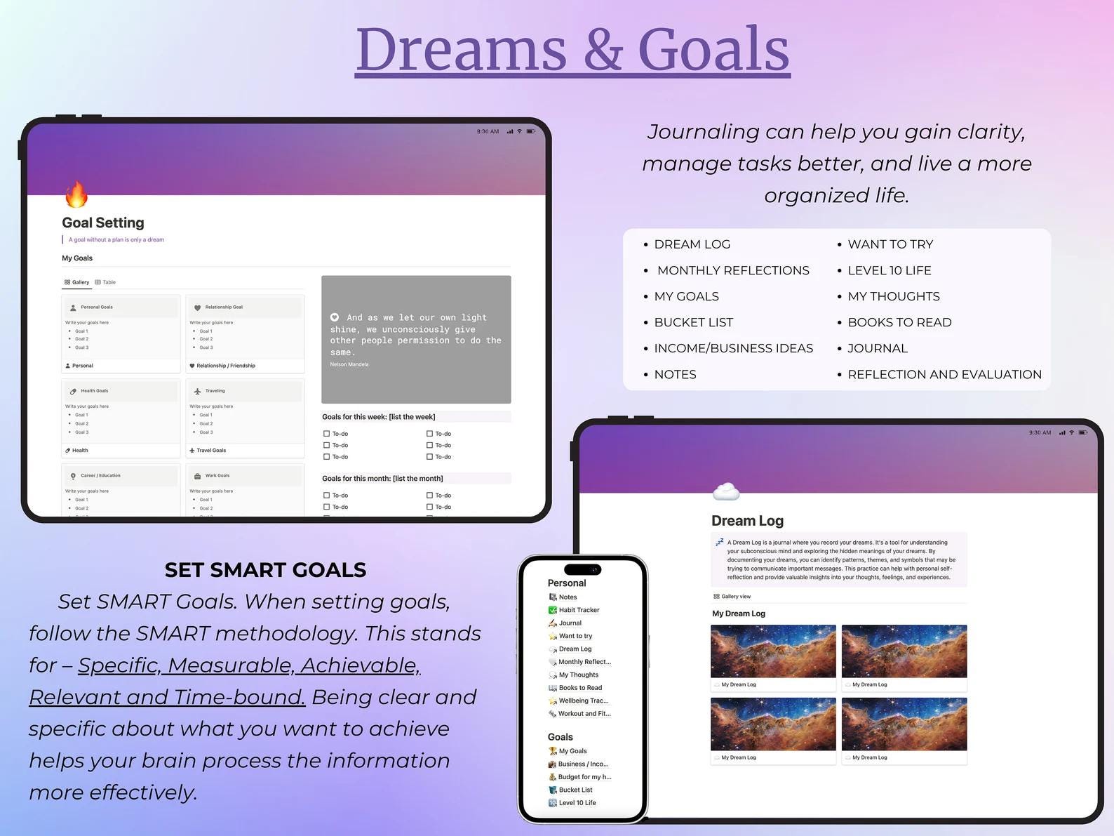 dreams and goals planner section