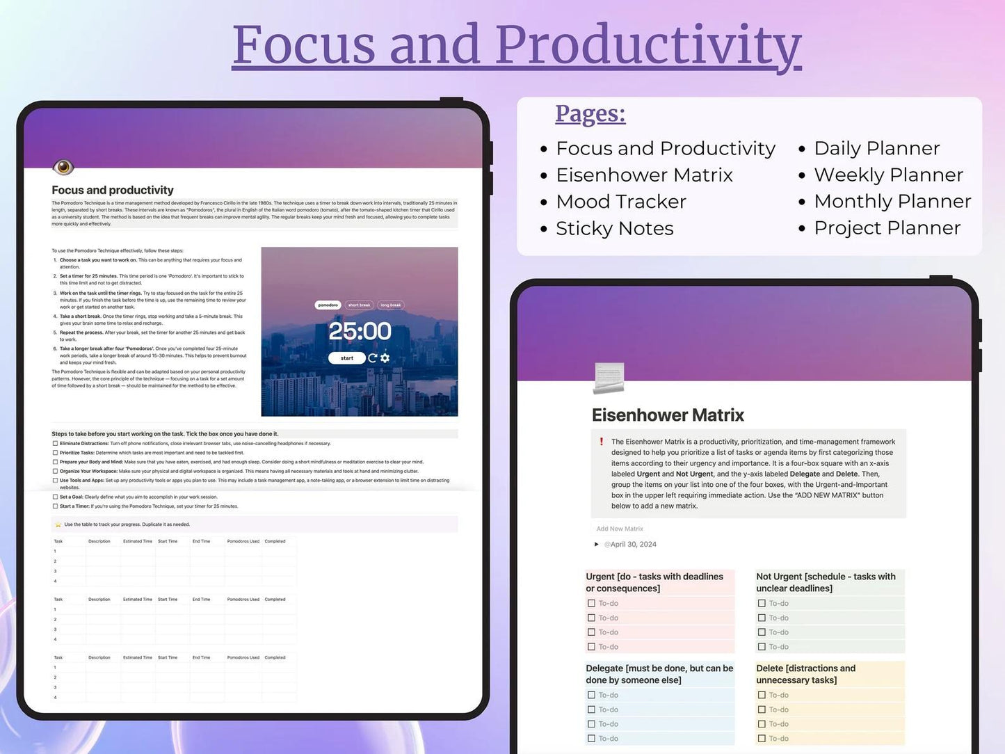 focus and productivity sections