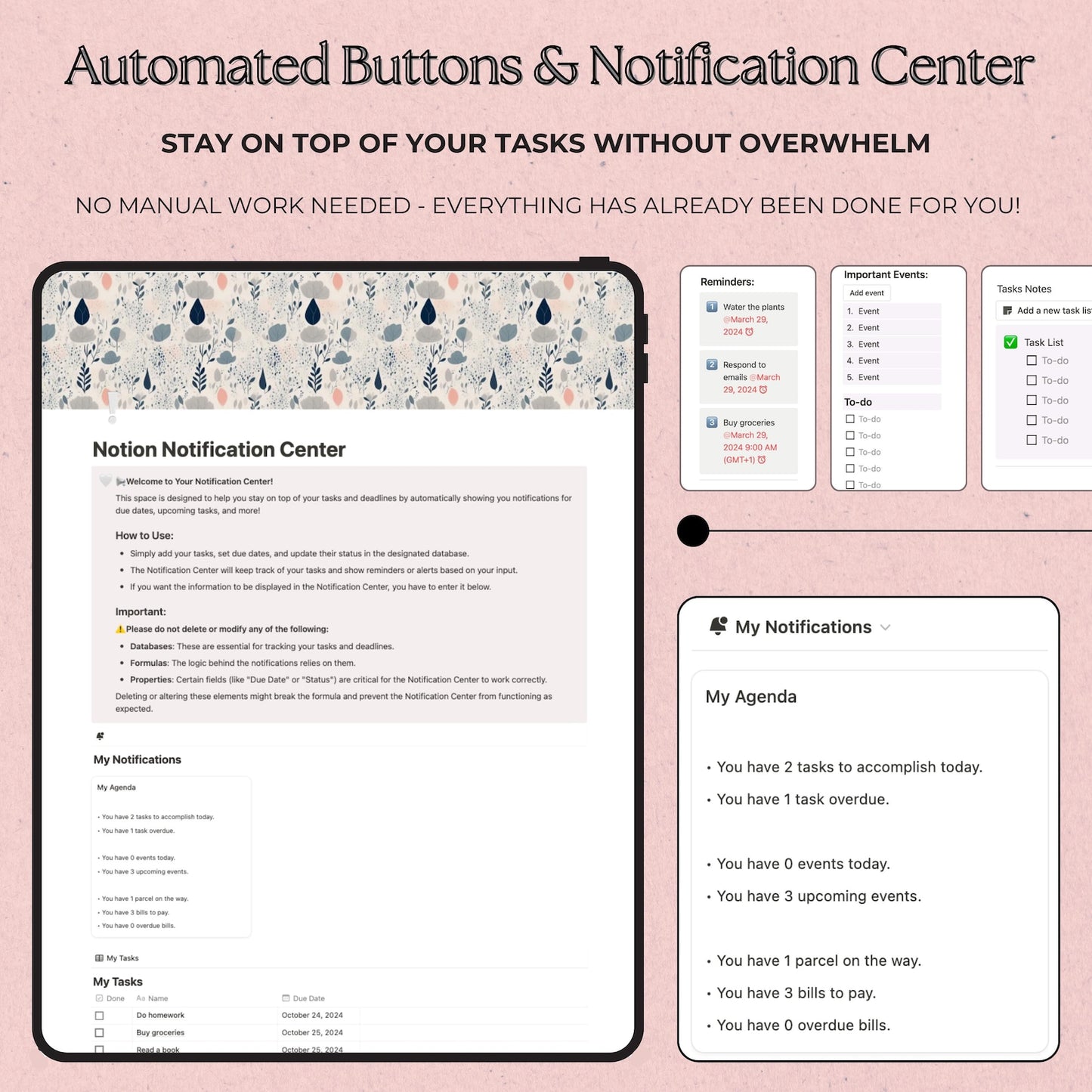 this busy mom notion planner has automated buttons and notification center