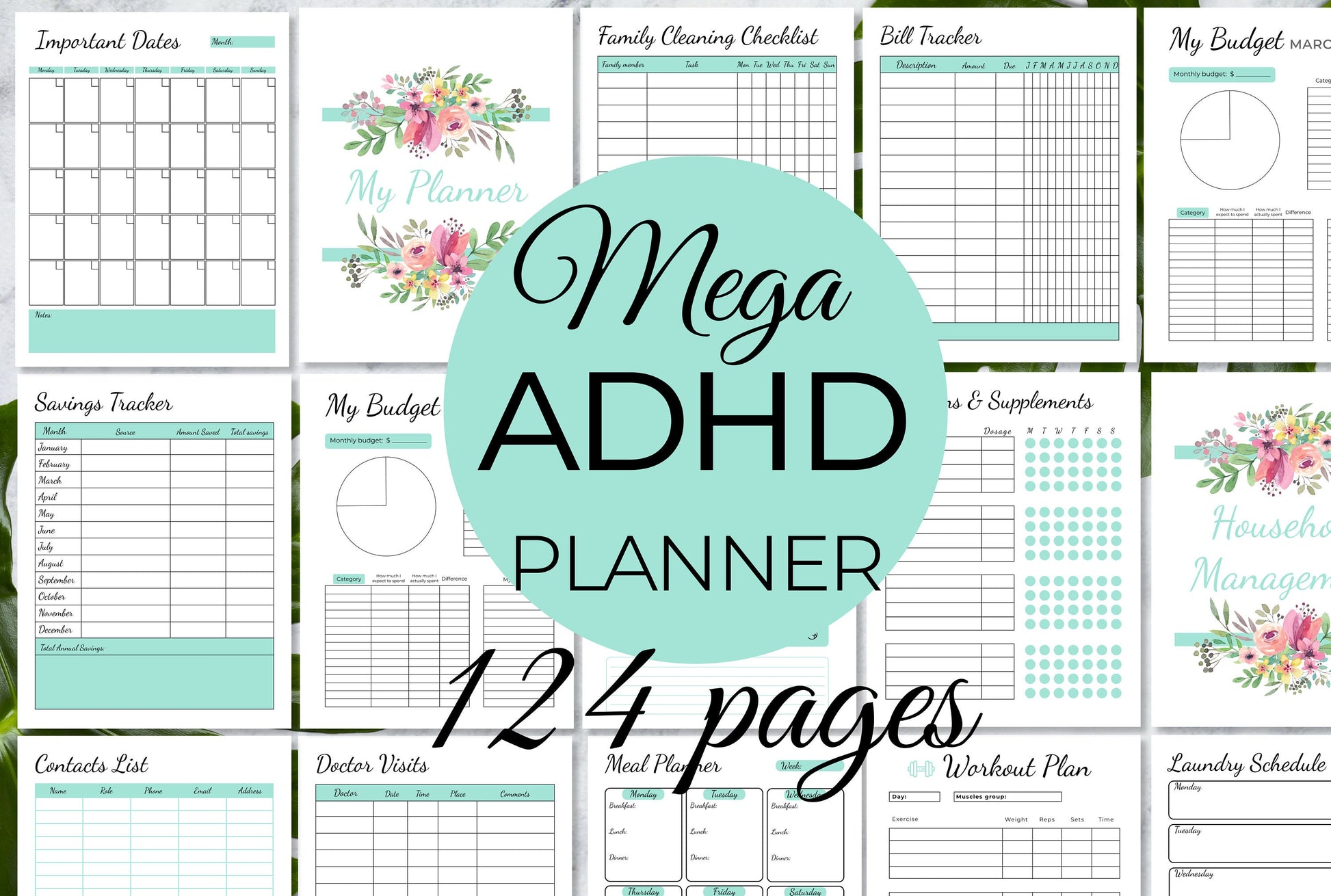 Mega ADHD printable planner in turquoise color