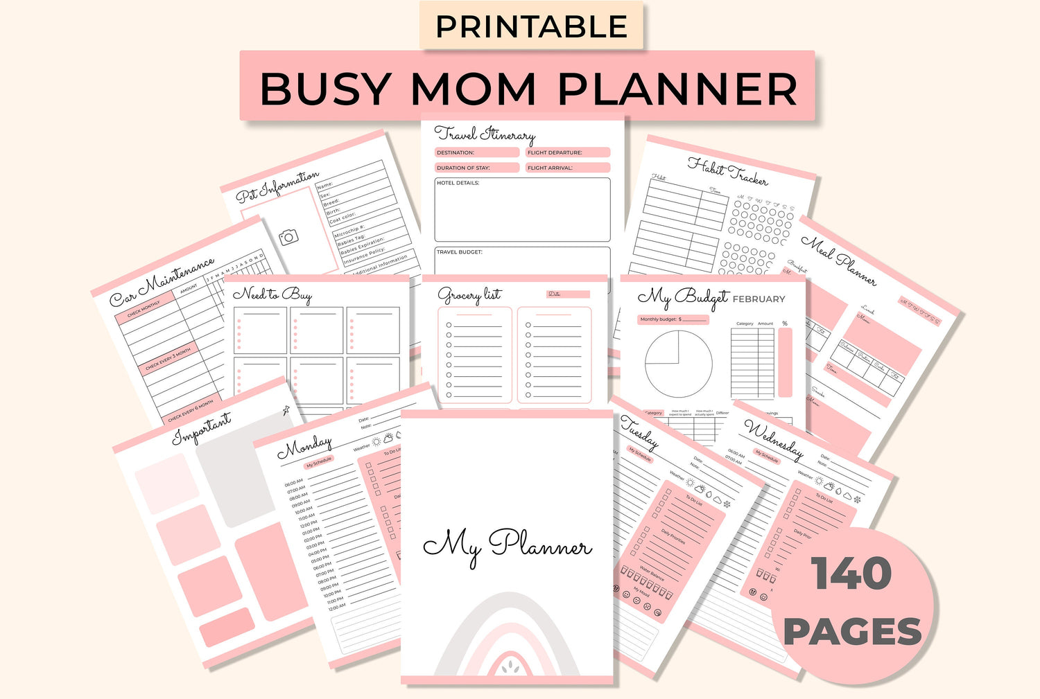 Pink busy mom planner printable