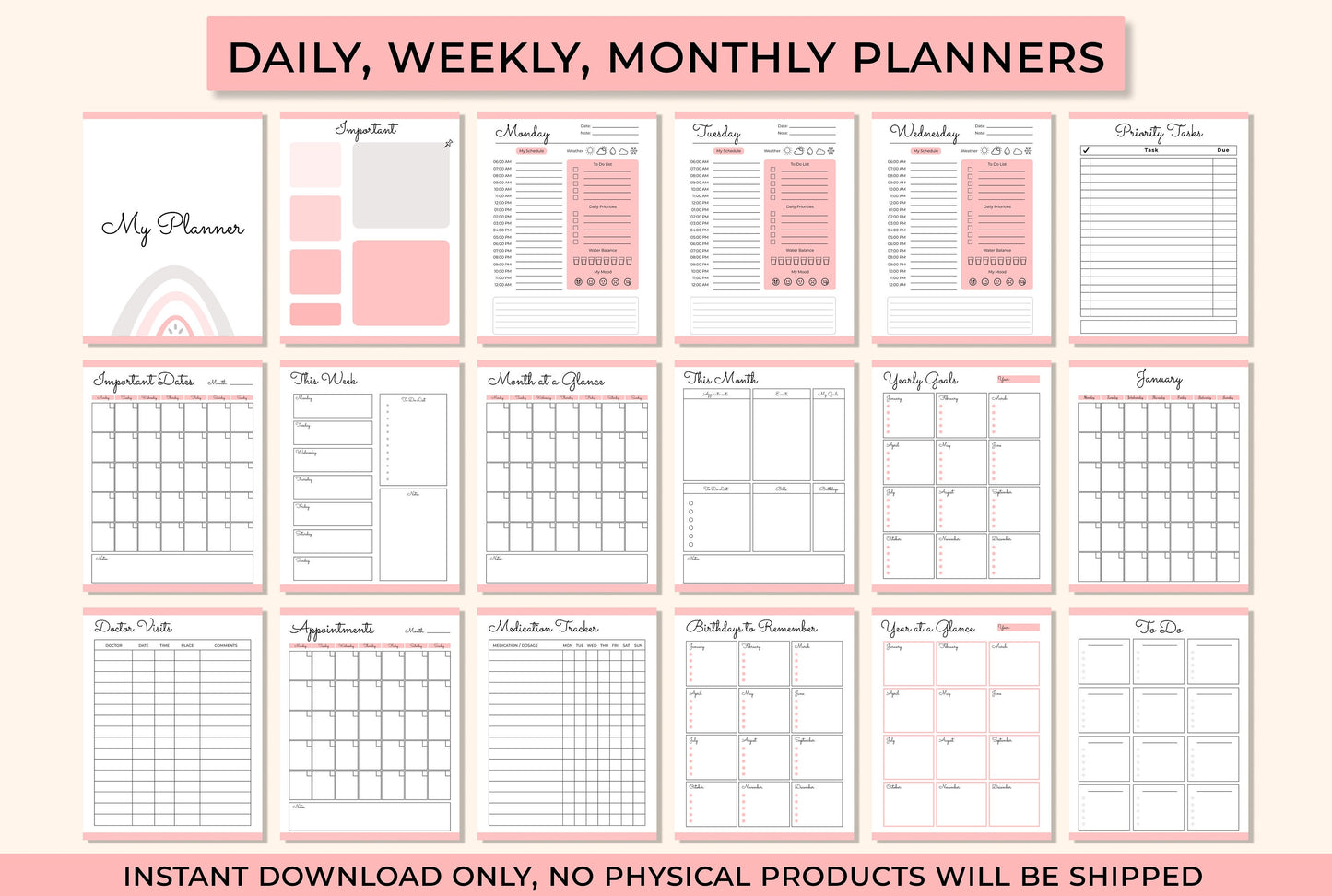 daily, weekly, monthly planners