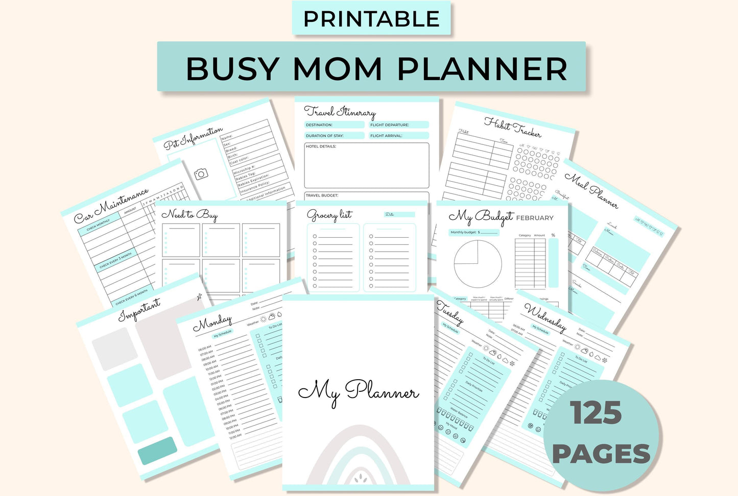 Blue busy mom printable planner