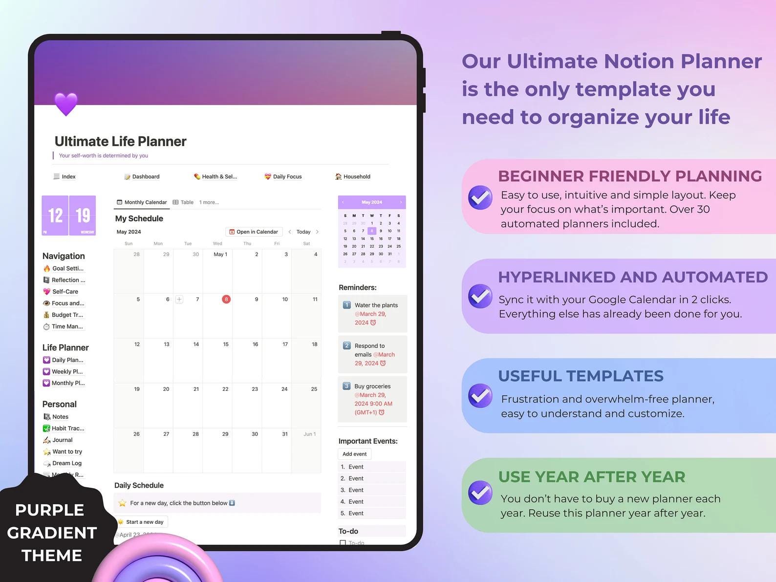 this notion life planner is beginner-friendly, hyperlinked, automated and can be used year after year