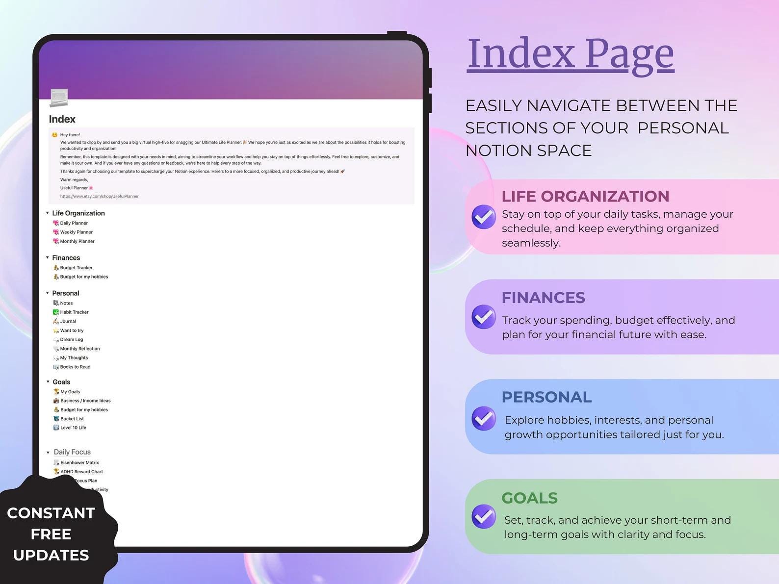 Notion planner index page