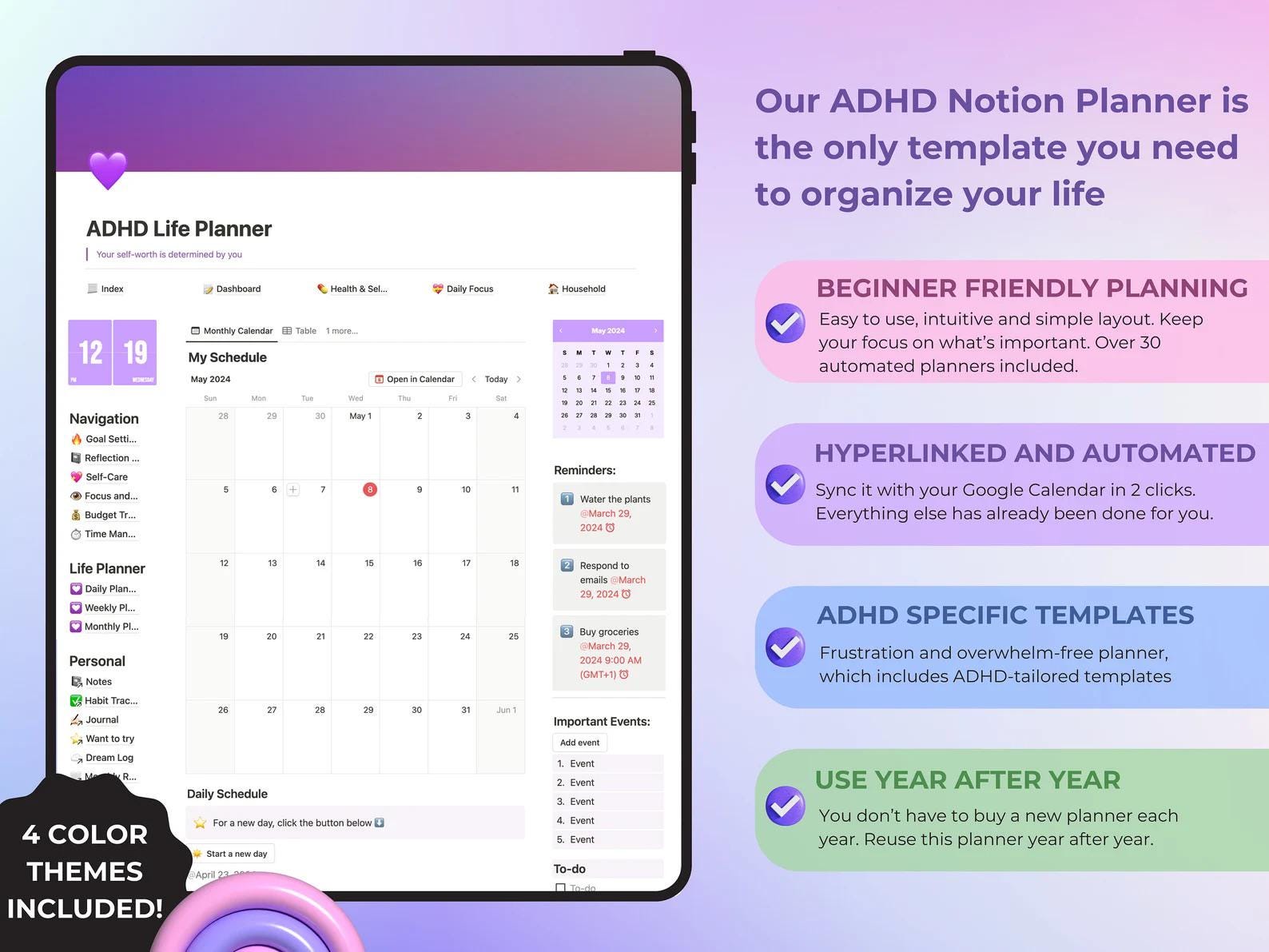 ADHD Notion planner is beginner friendly, fully automated, ADHD-specific and can be used year after year