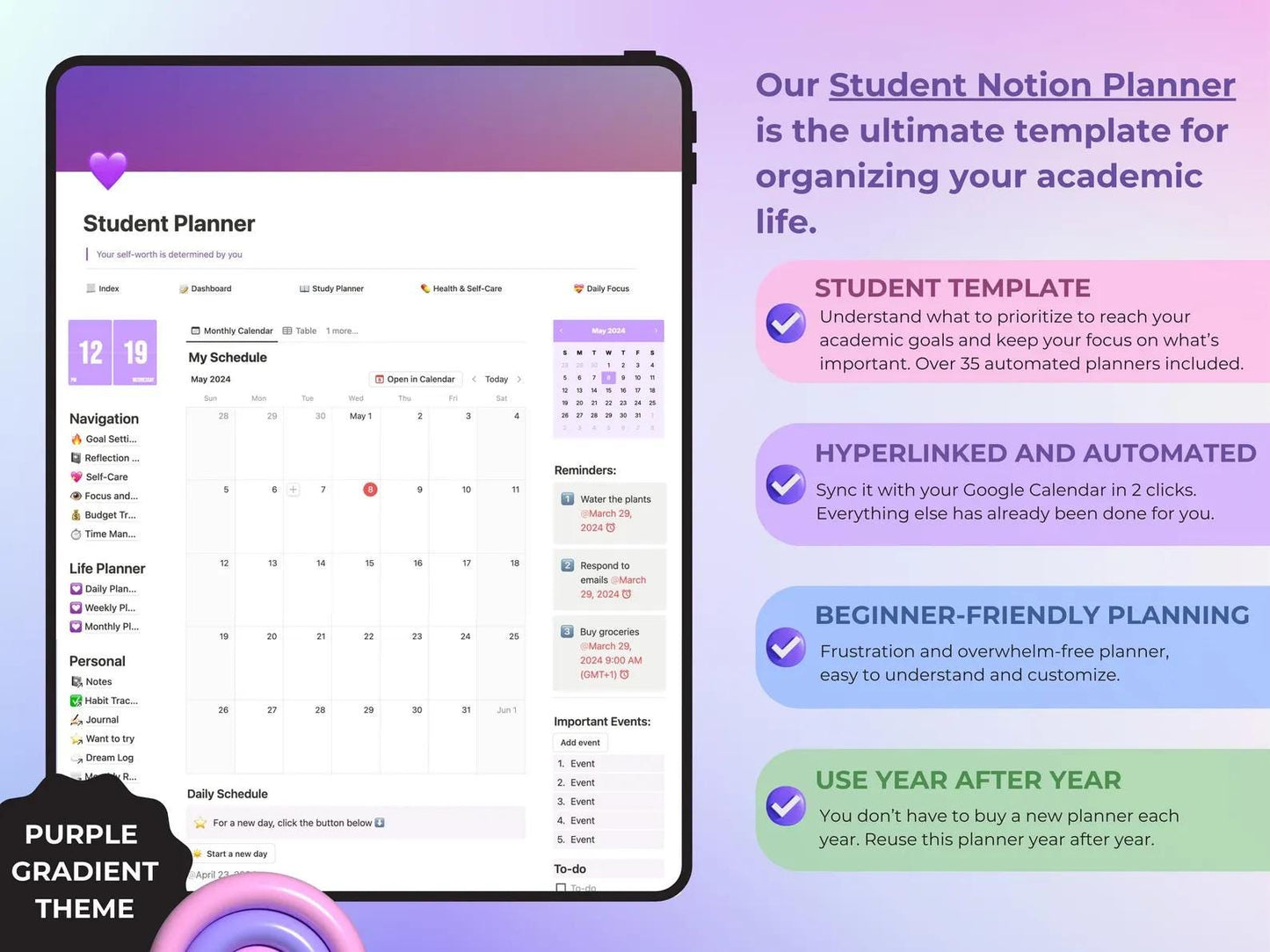 This student planner is beginner-friendly, hyperlinked, automated and can be used year after year