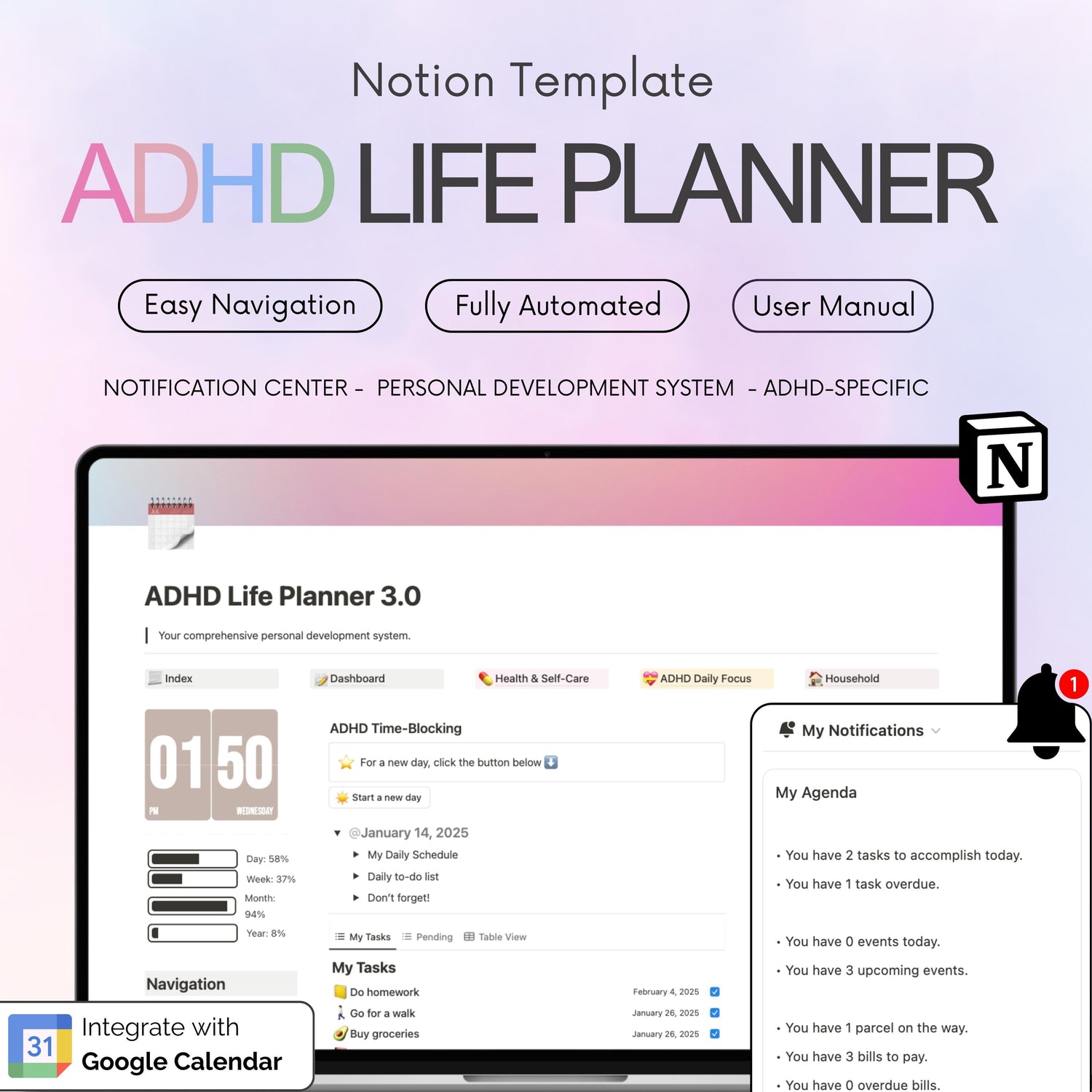 Color-coded ADHD Notion planner