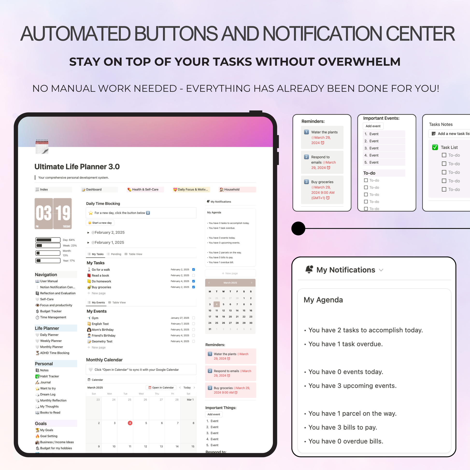 automated notion template with notifications and ability to connect with Google Calendar